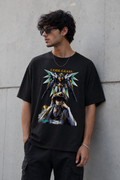 Black: Front view of Lelouch Code Geass oversized black t-shirt with premium anime graphic print by Zojo
