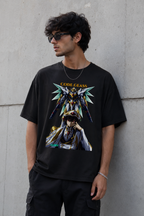 Black: Front view of Lelouch Code Geass oversized black t-shirt with premium anime graphic print by Zojo