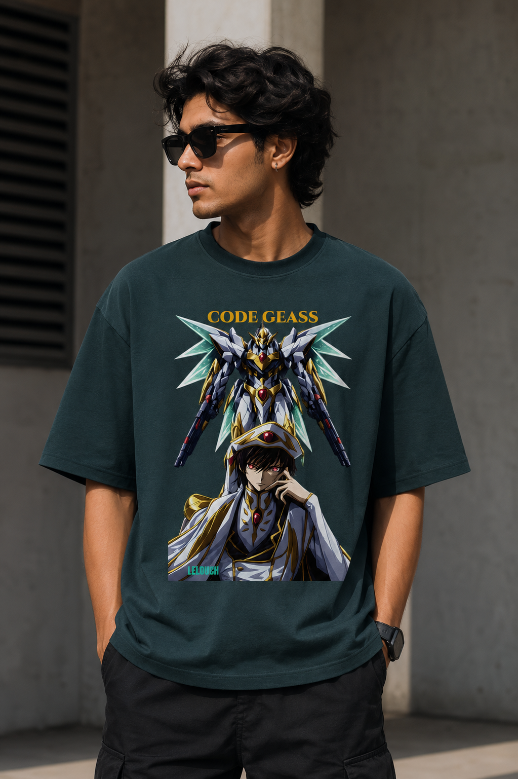 Petrol Blue: Front view of Lelouch Code Geass oversized petrol blue t-shirt with premium anime graphic print by Zojo