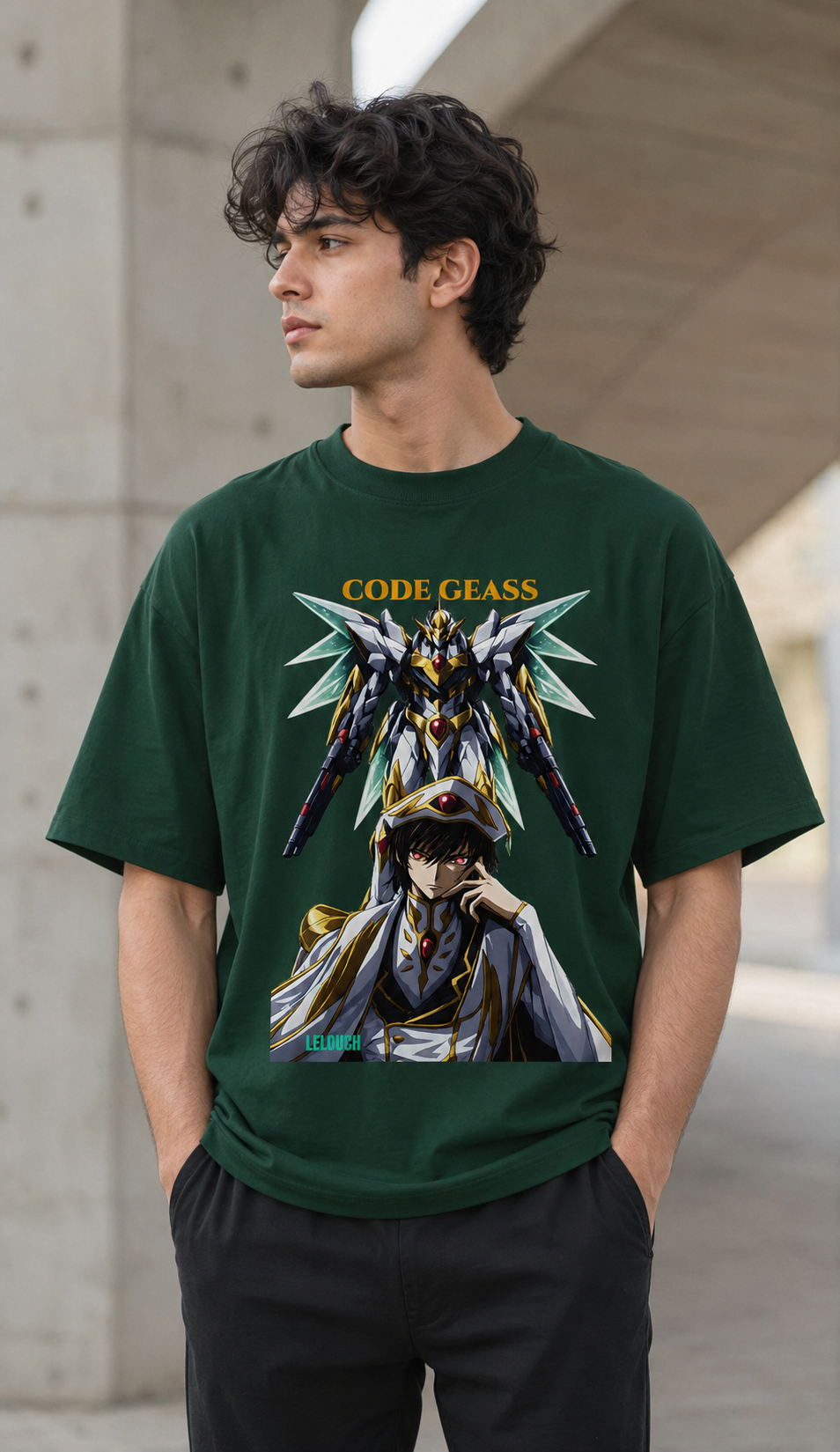 Bottle Green: Front view of Lelouch Code Geass oversized bottle green t-shirt with premium anime graphic print by Zojo