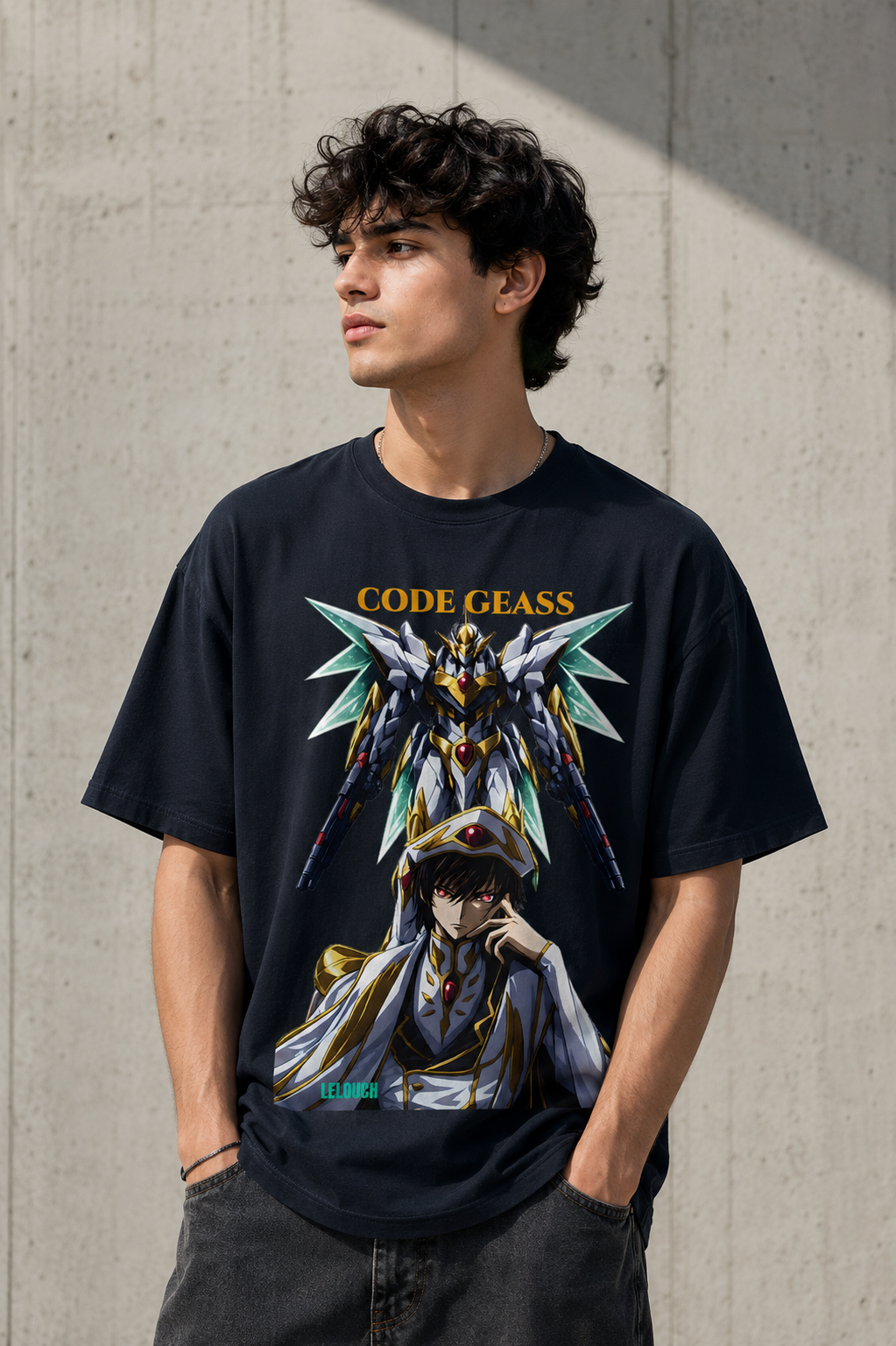 Navy Blue: Front view of Lelouch Code Geass oversized navy blue t-shirt with premium anime graphic print by Zojo