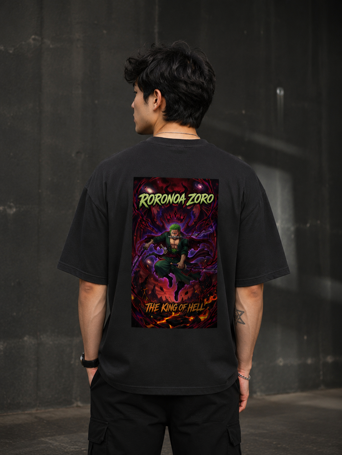 Roronoa Zoro King of Hell oversized black t-shirt back print - One Piece anime streetwear by Zojo