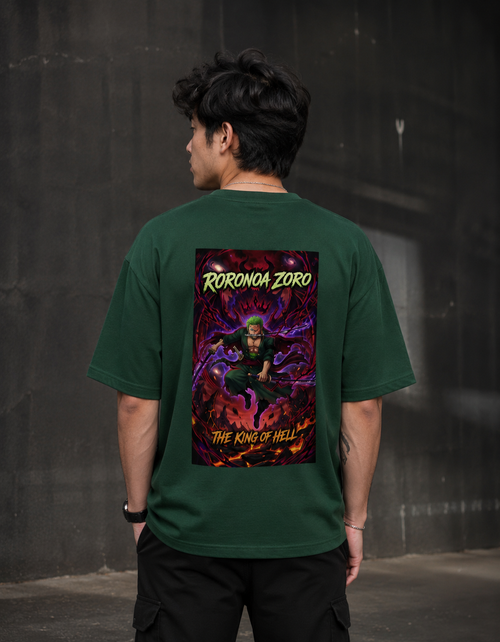 Roronoa Zoro King of Hell oversized green t-shirt back print - One Piece anime streetwear by Zojo
