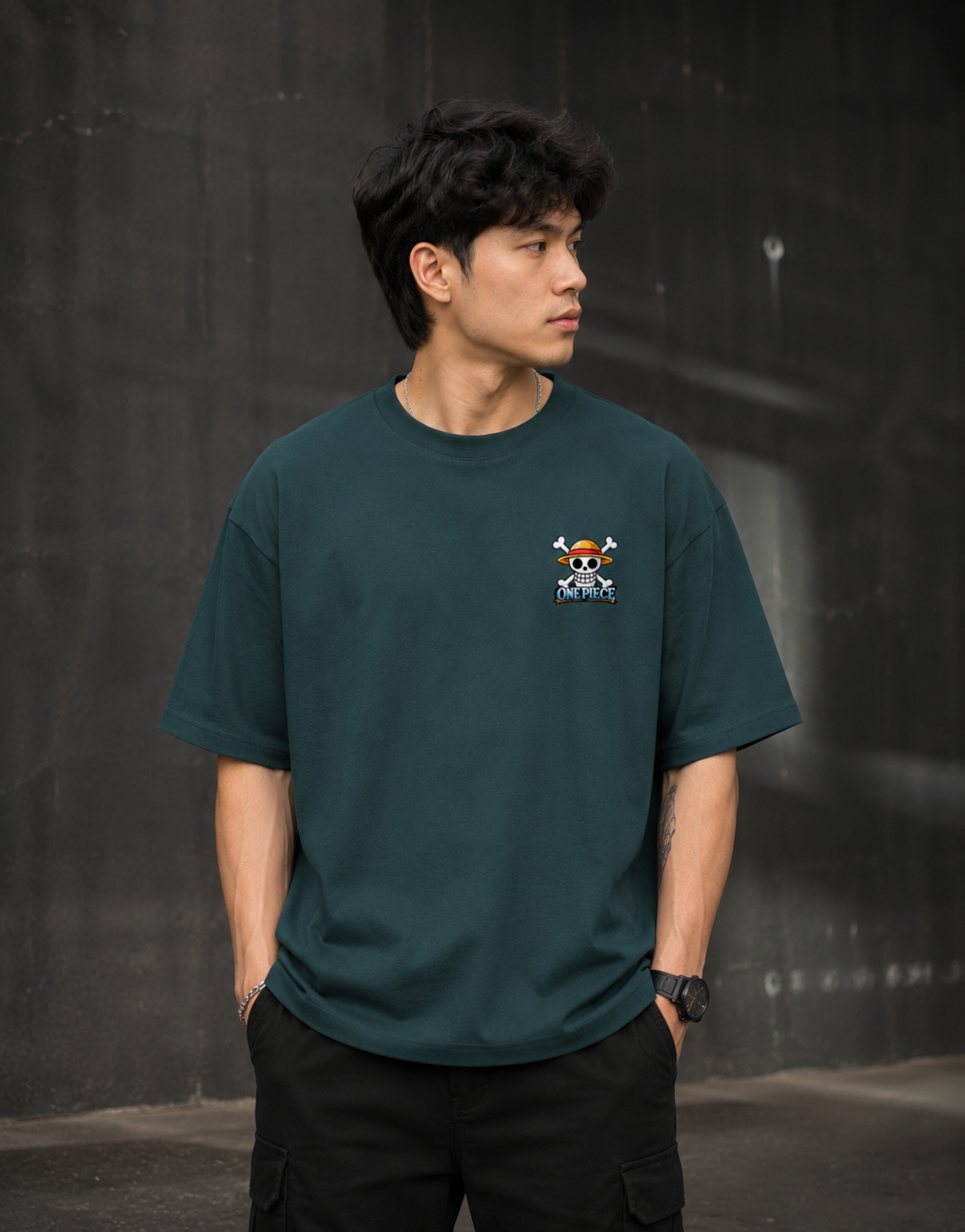 Roronoa Zoro One Piece oversized petrol blue t-shirt with chest logo - premium anime streetwear