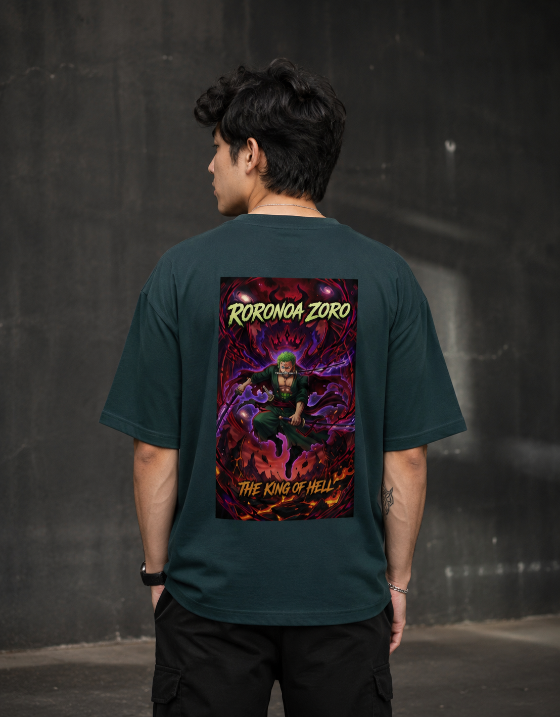Roronoa Zoro King of Hell oversized petrol blue t-shirt back print - One Piece anime streetwear by Zojo