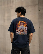 Back view of One Piece Gear 5 Luffy off blue anime t-shirt featuring large Gear 5 Sun God Nika graphic print on the back.
