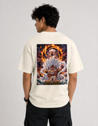 Back view of One Piece Gear 5 Luffy off white anime t-shirt featuring large Gear 5 Sun God Nika graphic print on the back.