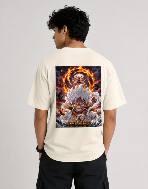 Back view of One Piece Gear 5 Luffy off white anime t-shirt featuring large Gear 5 Sun God Nika graphic print on the back.