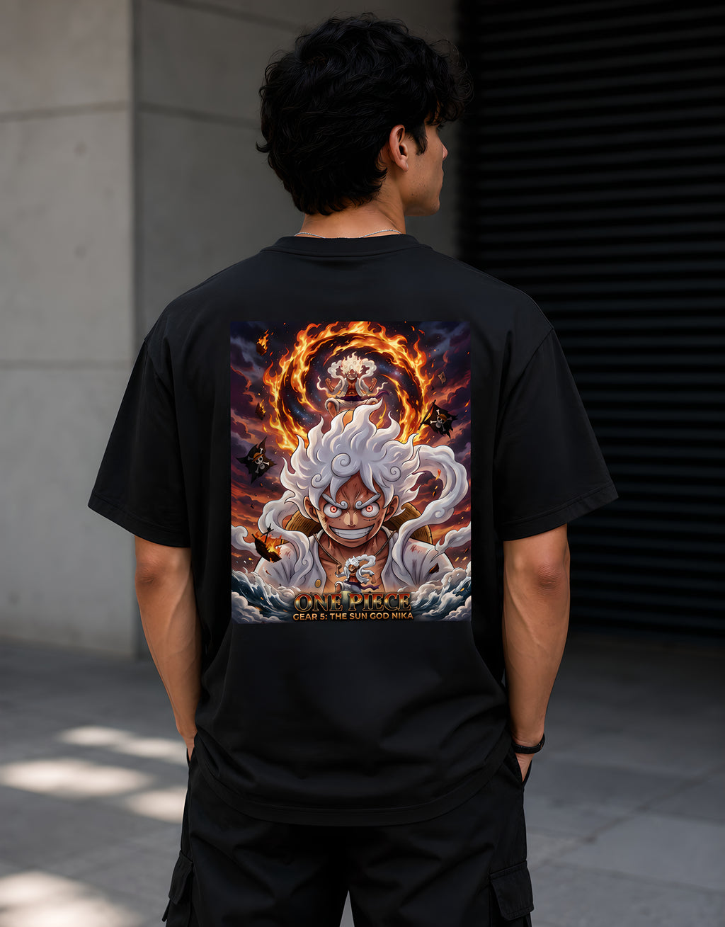 Back view of One Piece Gear 5 Luffy black anime t-shirt featuring large Gear 5 Sun God Nika graphic print on the back.