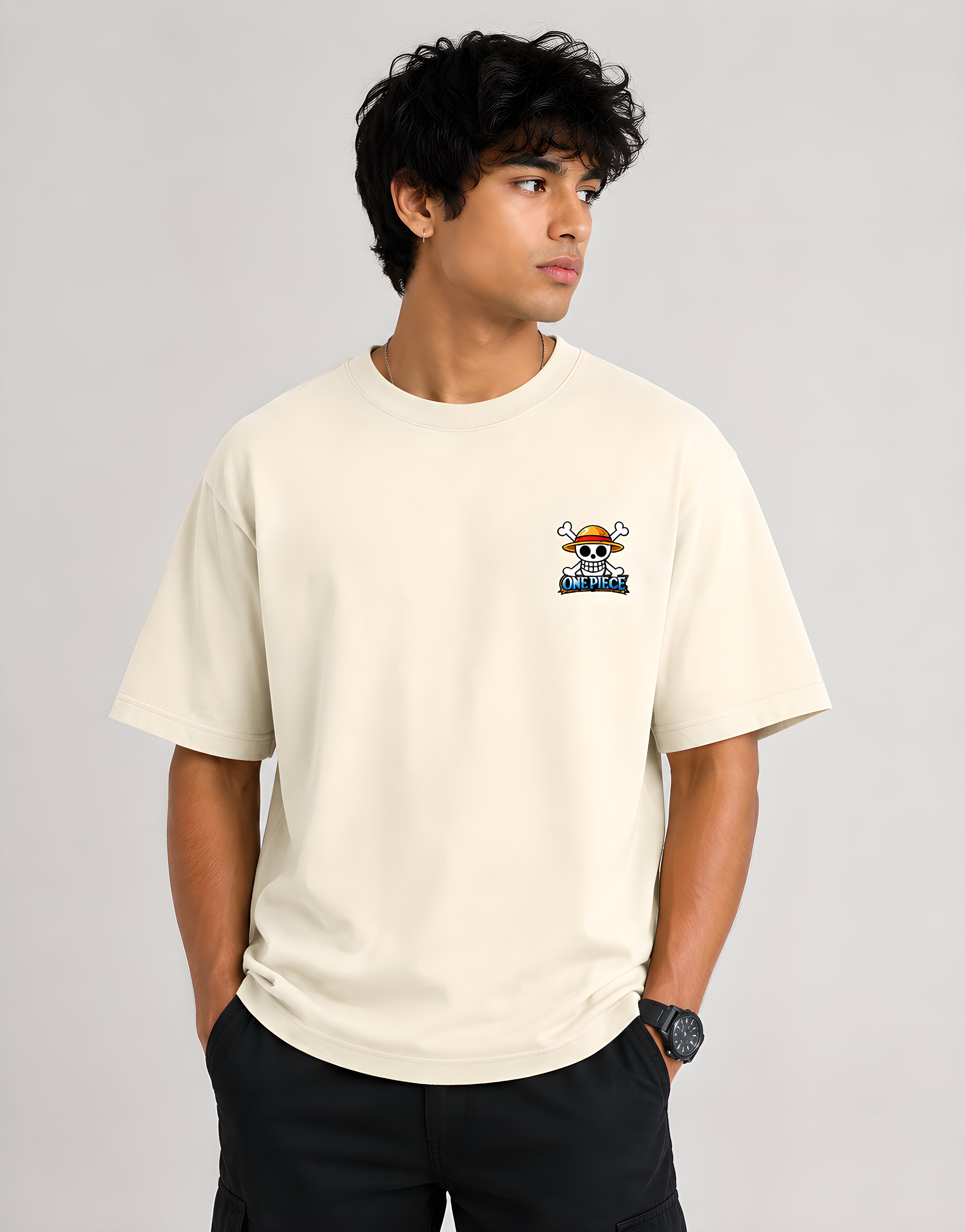 Front view of One Piece Gear 5 Luffy off white anime t-shirt featuring Straw Hat Pirates skull logo on the left chest pocket print.