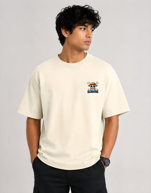 Front view of One Piece Gear 5 Luffy off white anime t-shirt featuring Straw Hat Pirates skull logo on the left chest pocket print.