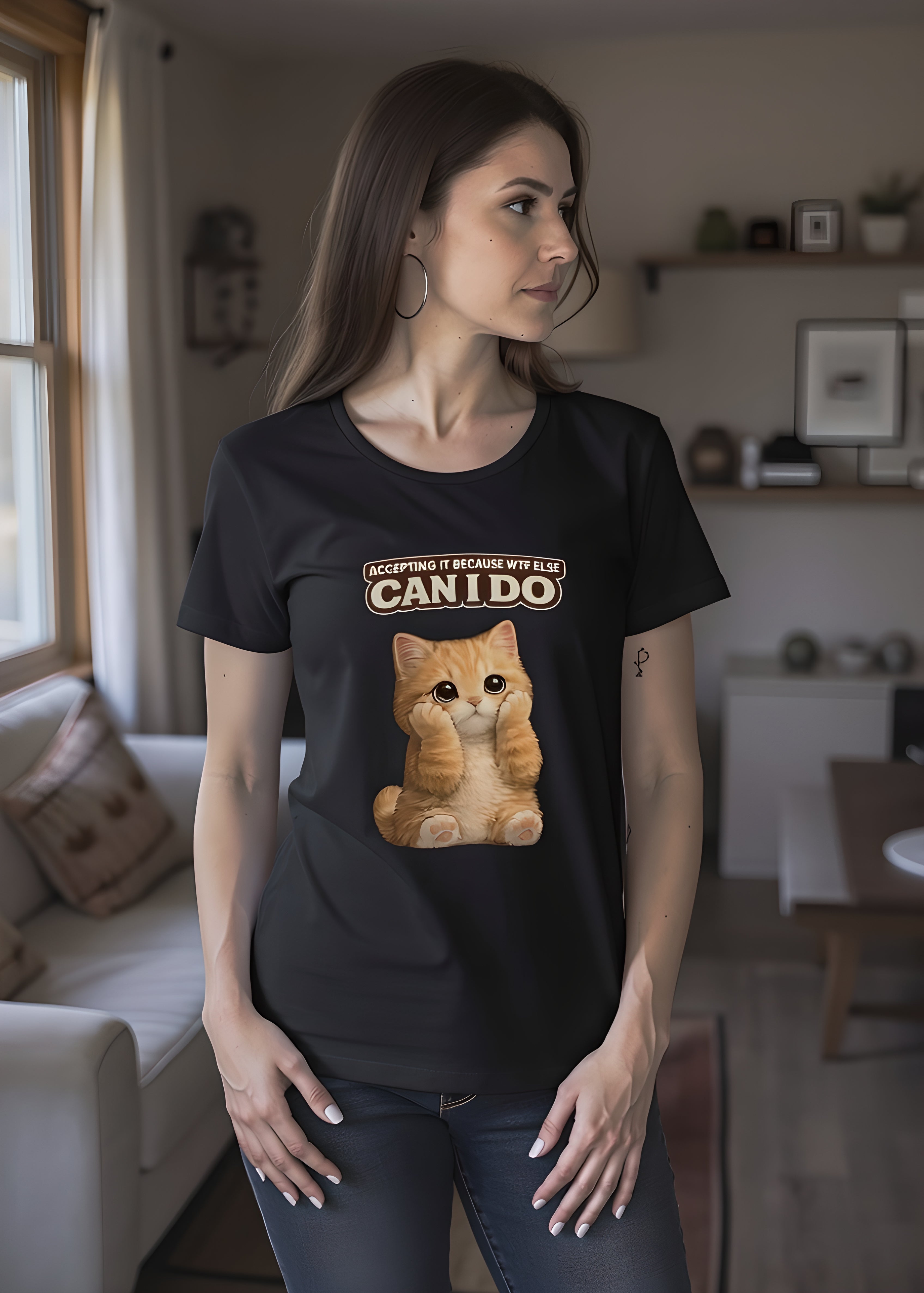 Black women's t-shirt featuring an adorable cat graphic with the phrase about accepting fate.