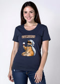 Women's navy t-shirt featuring a relaxed cat in sunglasses holding a wine glass with a playful slogan.