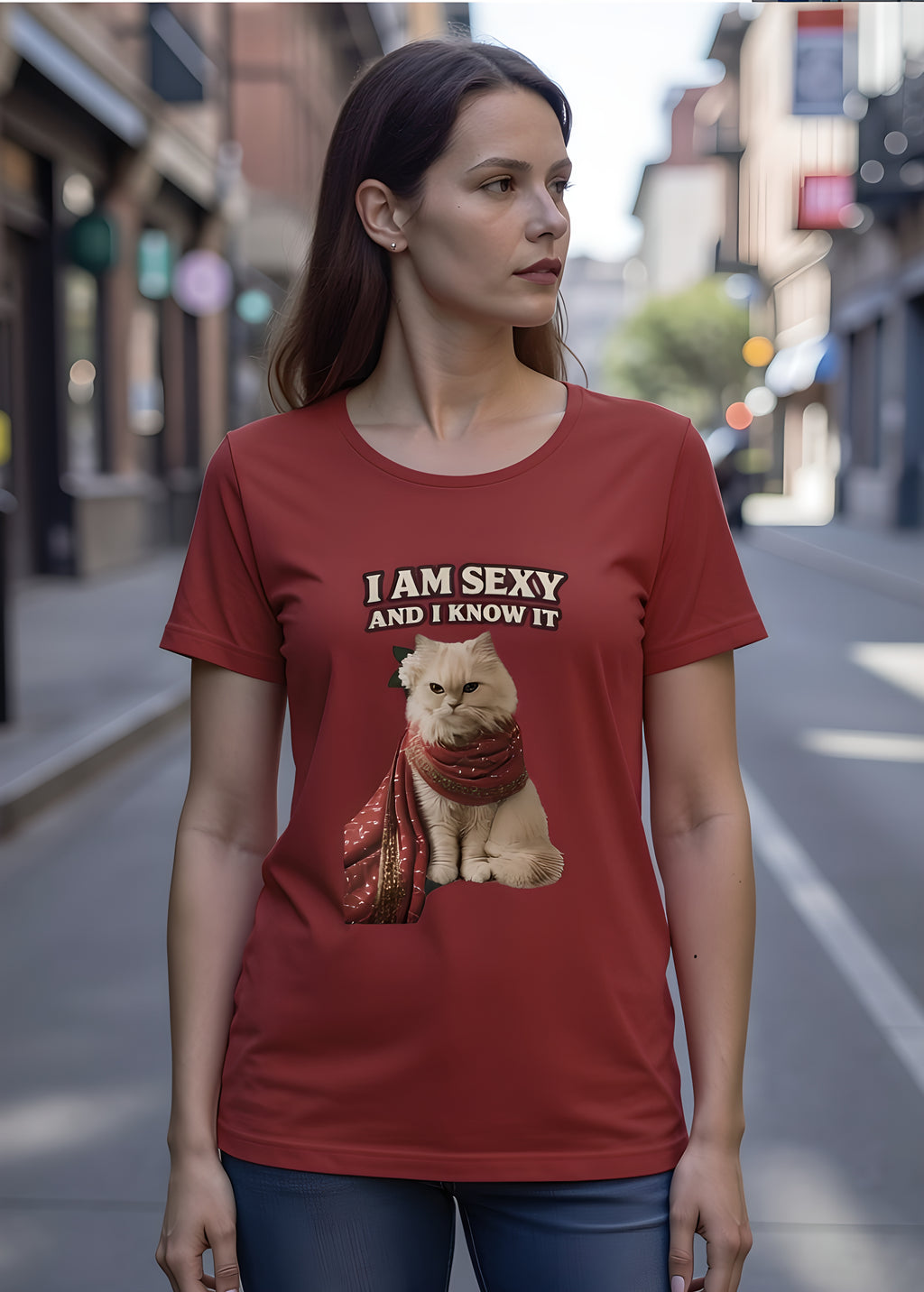 Woman wearing a red T-shirt featuring a stylish cat graphic and playful text about being sexy.